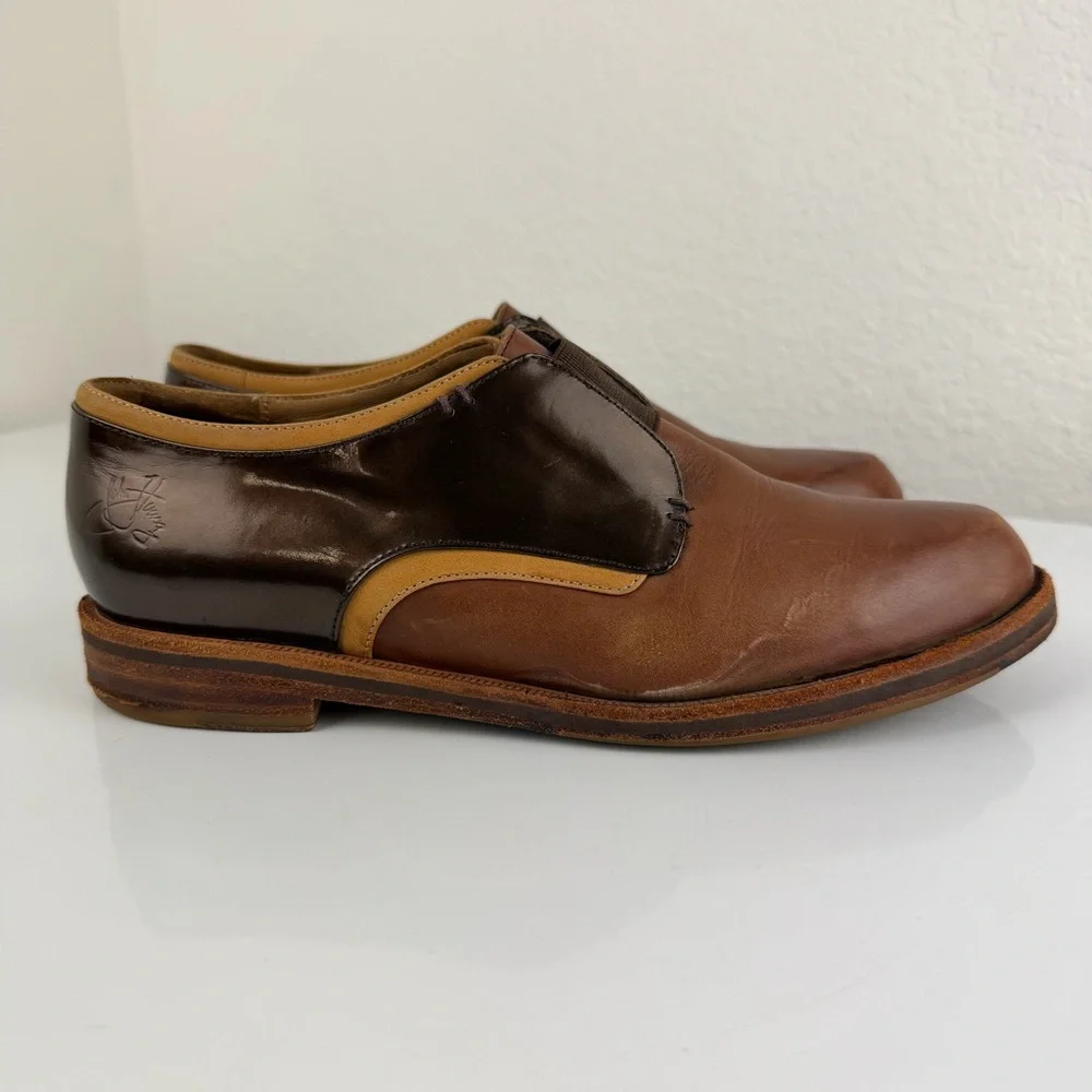 John Fluevog Brown and Dark Brown Leather Slip-On Shoes